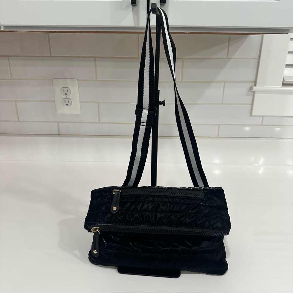 Sondra Roberts Squared Black Quilted Puffer Crossbody Bag w/Striped Strap NWOT - Picture 4 of 11
